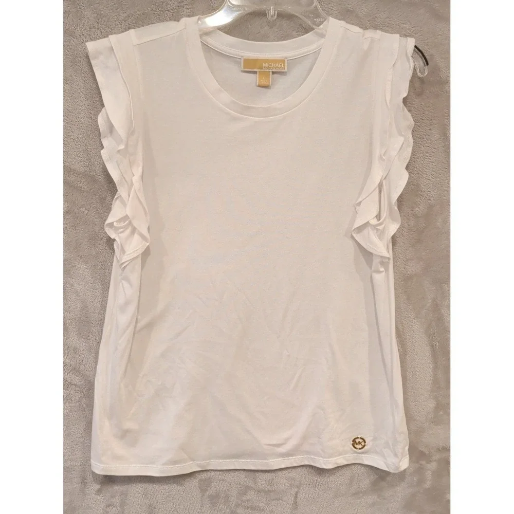Michael Kors White Ruffle Sleeve Top Womens L Gold Logo‎ Stretch Tee
